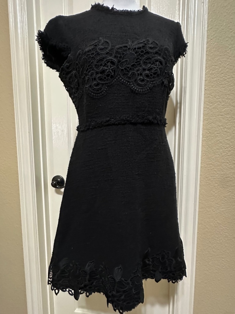 Zara Black Tweed Lace fringe Dress Cap Sleeves